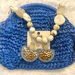 Elegant Blue Woven Clutch with Gold and White Necklace ( gold blue earrings $27)